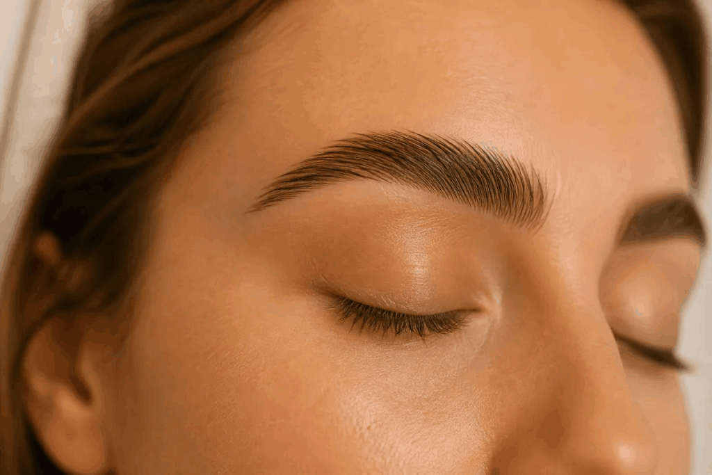 Macro close-up of full, feathered, brushed-up eyebrows after a brow lamination treatment