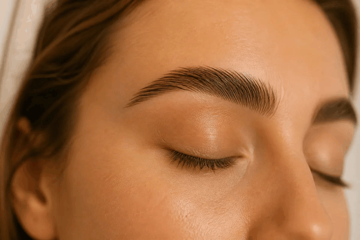 Macro close-up of full, feathered, brushed-up eyebrows after a brow lamination treatment
