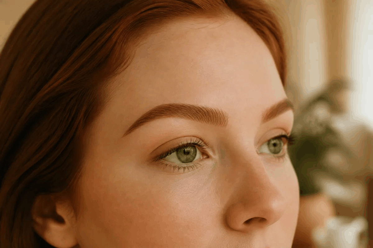 Close-up of softly tinted, warmly defined eyebrows and natural lashes after a brow tint treatment