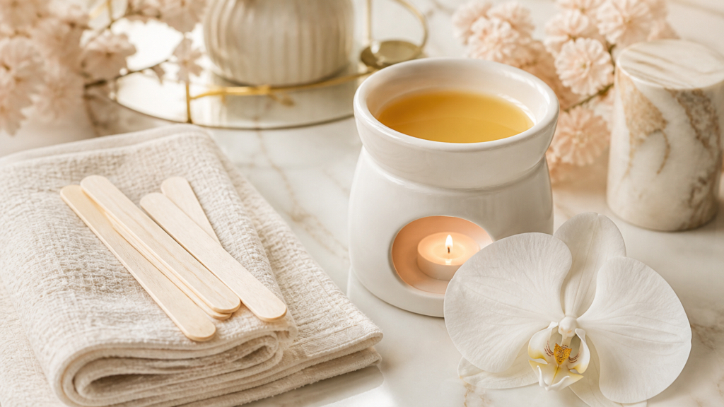 Wax warmer with honey-gold wax, wooden spatulas, and white orchid on an ivory marble spa counter
