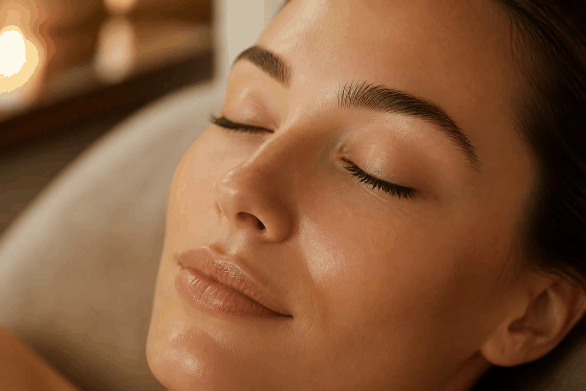 Close-up of a woman's eye area with beautifully curled lashes and softly shaped brows after a combined lash and brow duo treatment