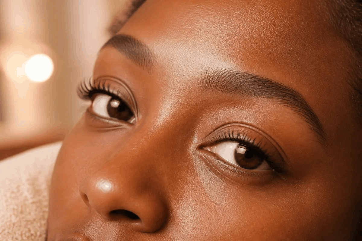 Close-up of darkened, curled lashes and smooth skin after a lash lift and tint treatment