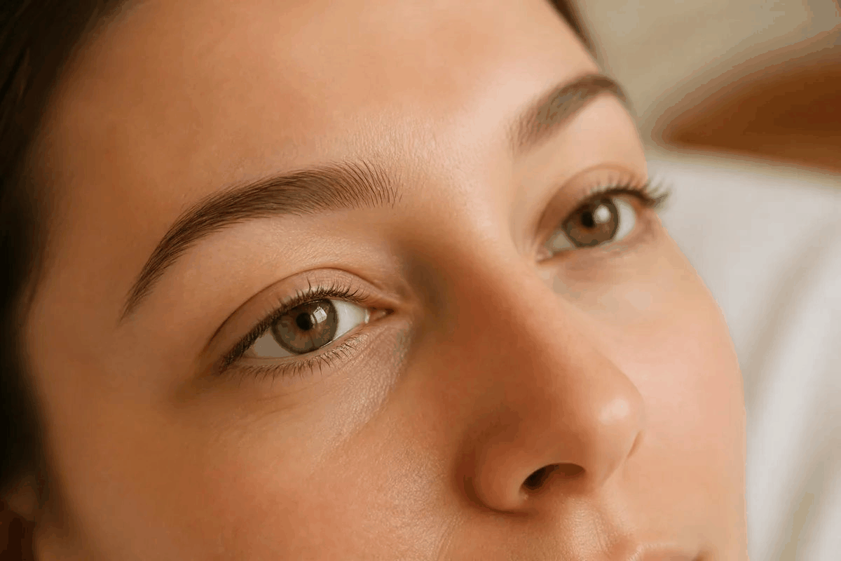Close-up of a woman's eye area with beautifully lifted and curled natural lashes after a lash lift treatment