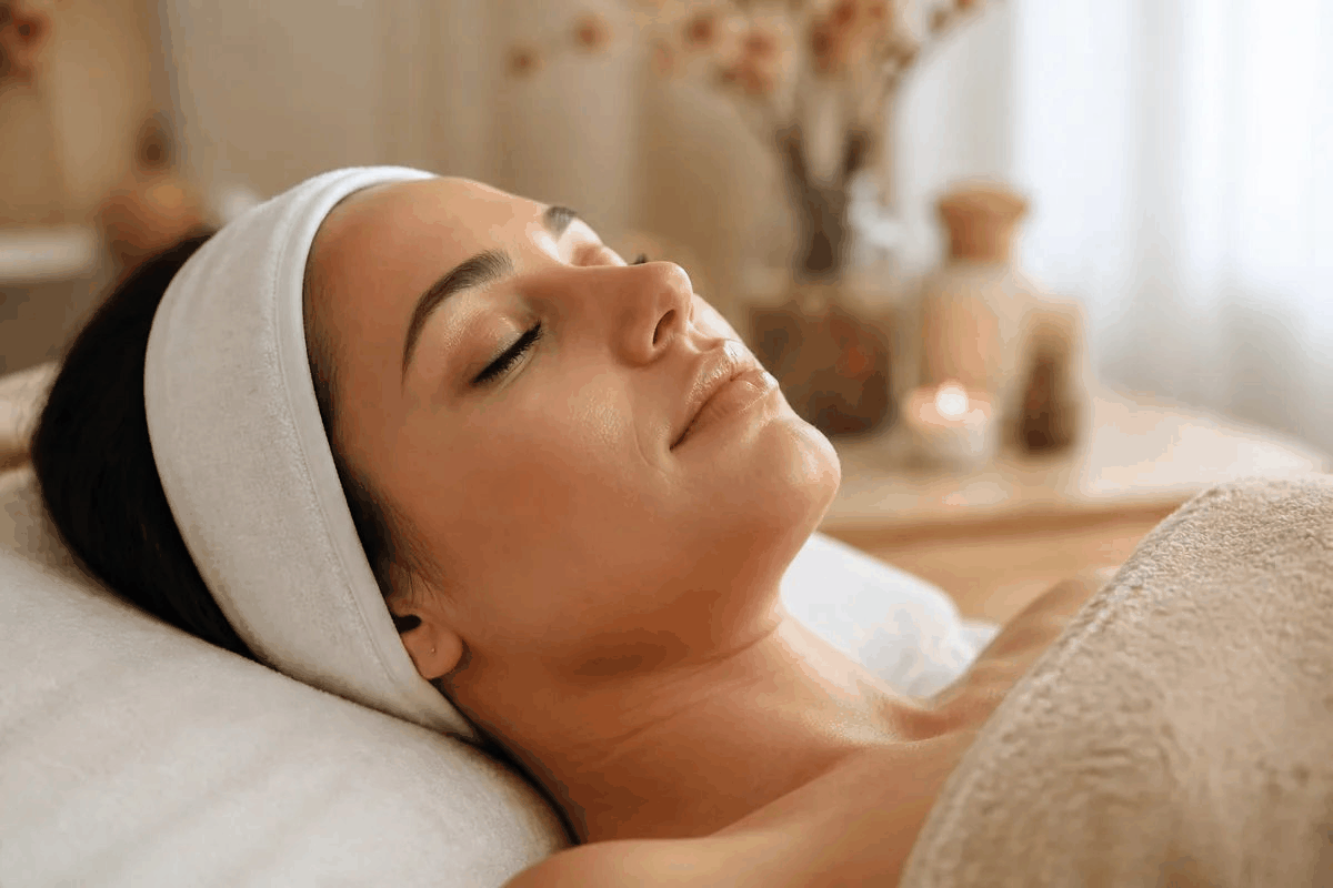 Woman relaxing in a spa treatment room with freshly tinted, dark lashes after a lash tint service