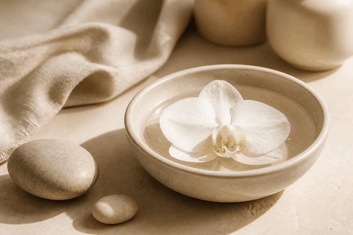 White orchid blossom floating in a shallow ceramic bowl of water beside smooth stones and folded linen