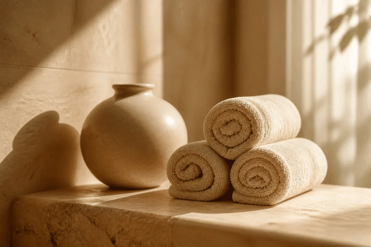 Rolled spa towels and a smooth ceramic vessel arranged on warm travertine stone in soft window light