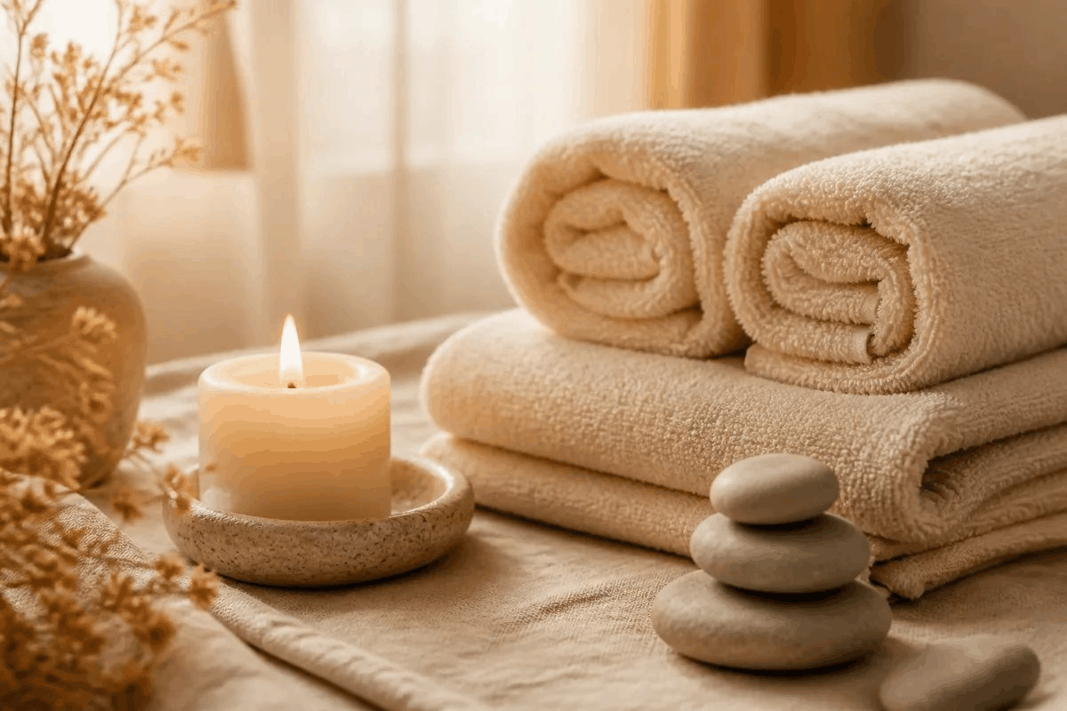 Soft folded spa towels beside a lit candle and smooth stones on a beige linen surface in a tranquil spa room