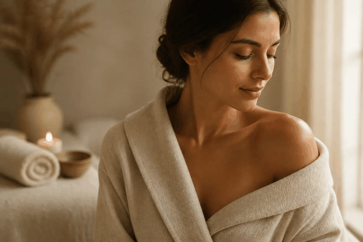Woman in a soft linen spa robe with loosely draped collar, showing smooth collarbone and shoulder skin