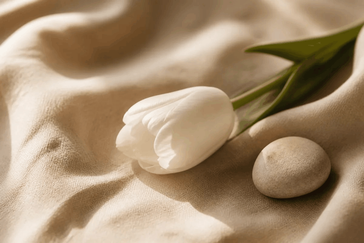 Single white tulip bloom lying on softly rumpled beige linen fabric with a smooth stone, a calm spa still life