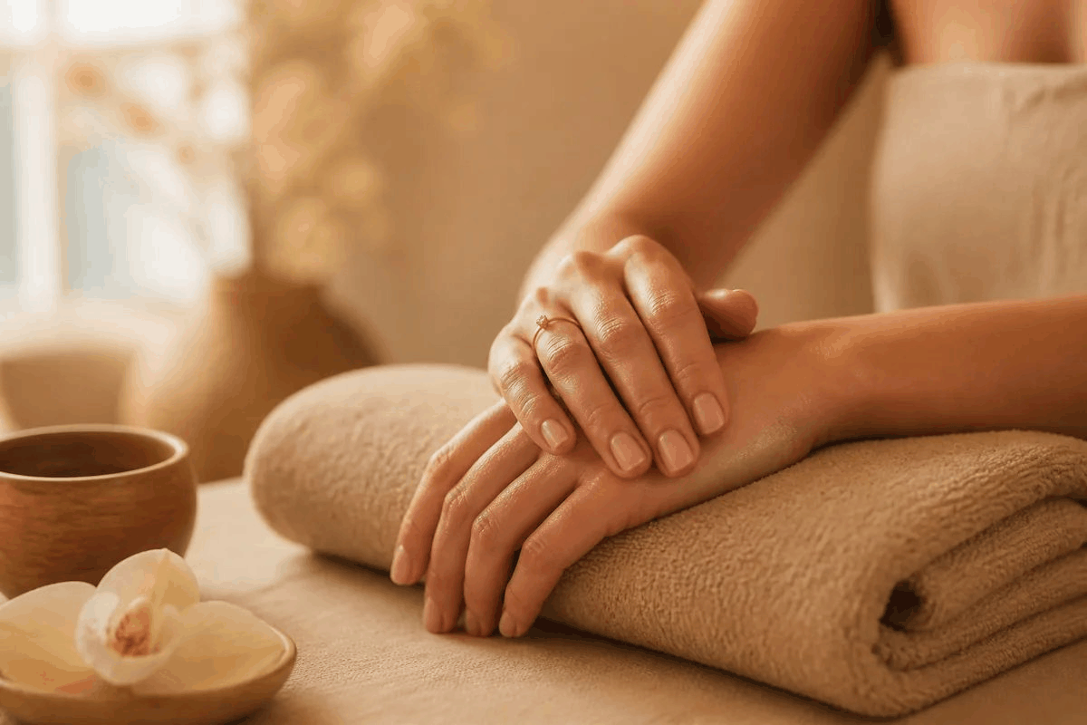 Close-up of a woman's elegant hands and forearms resting on a folded beige spa towel with smooth, radiant skin