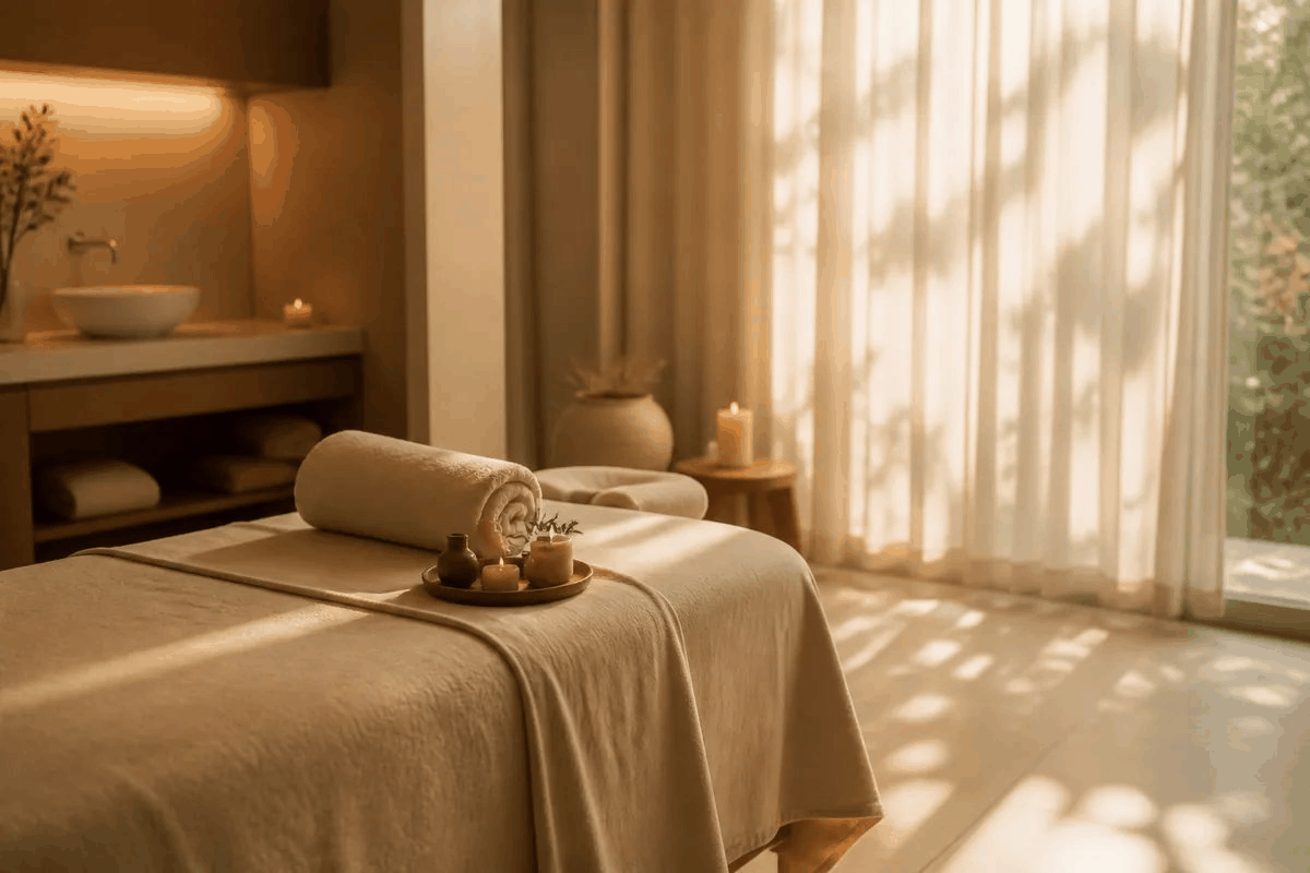 Serene spa daybed dressed in cream linen sheets with a soft beige throw and folded towel in morning light