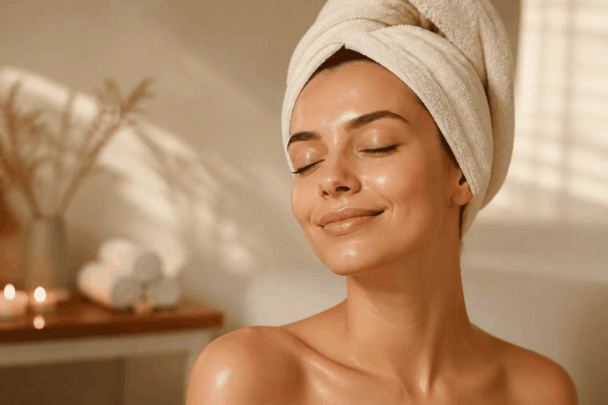 Woman with glowing, smooth skin and a soft relaxed smile, hair wrapped in a cream towel, after a full face treatment