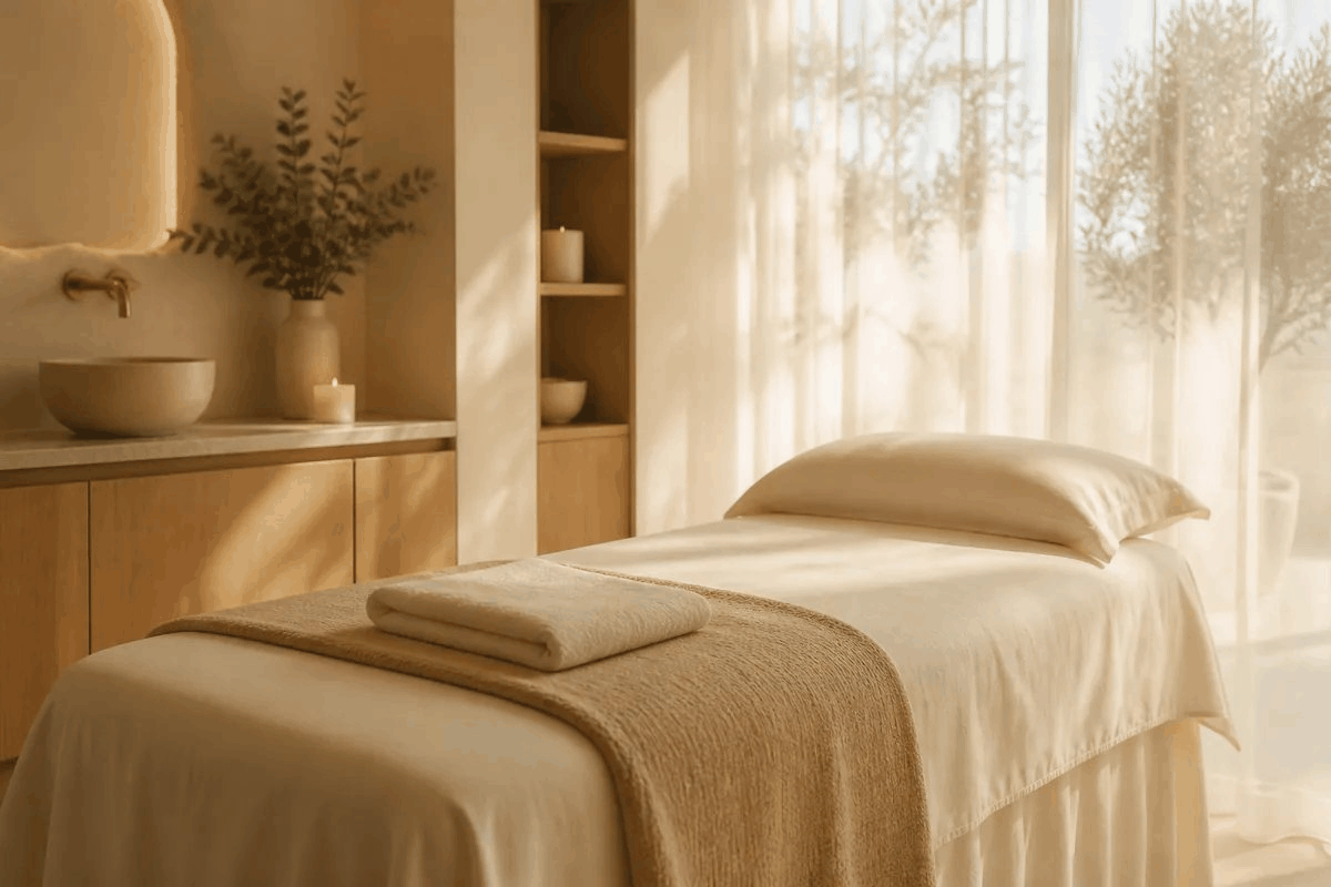 Luxury spa daybed with crisp cream linen sheets, a soft beige throw, and warm morning light through sheer curtains