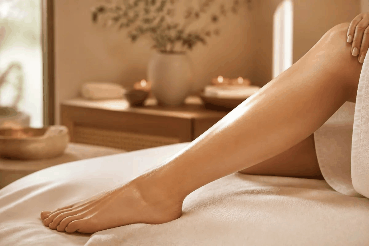 Close-up of a woman's smooth lower legs resting on a spa treatment bed with soft white linen