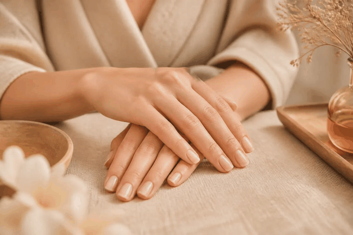Woman's elegant hands with smooth skin and neat natural nails resting gently one over the other on warm beige linen