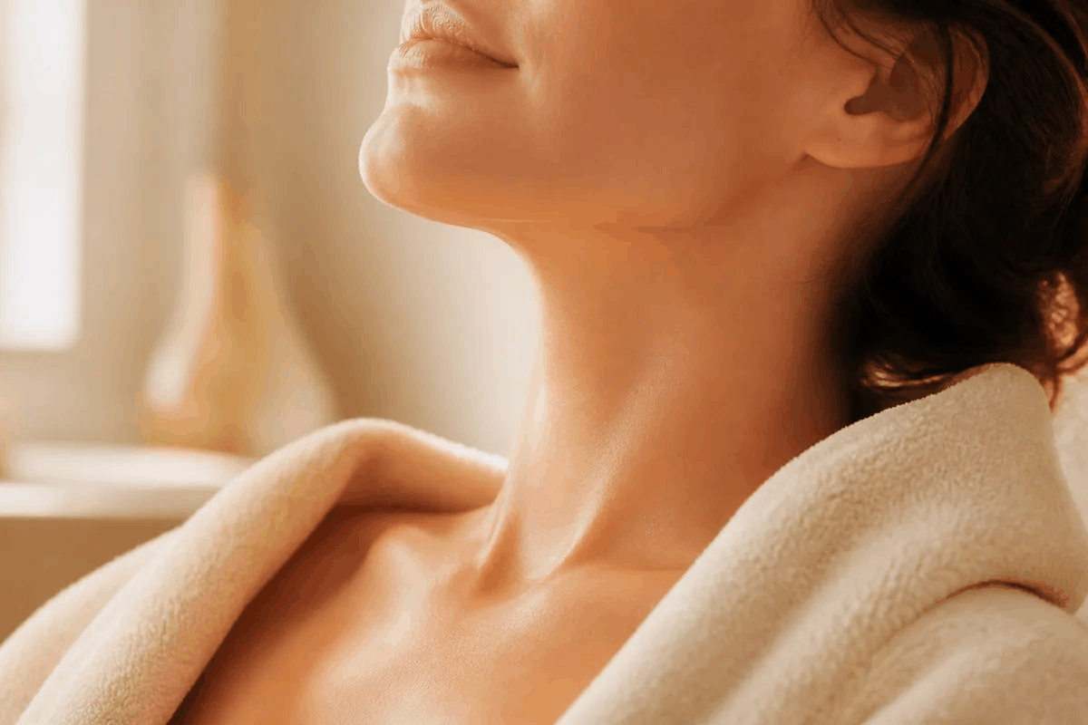 Close-up of a woman's chin and neck with smooth, radiant skin and a soft cream towel around her shoulders