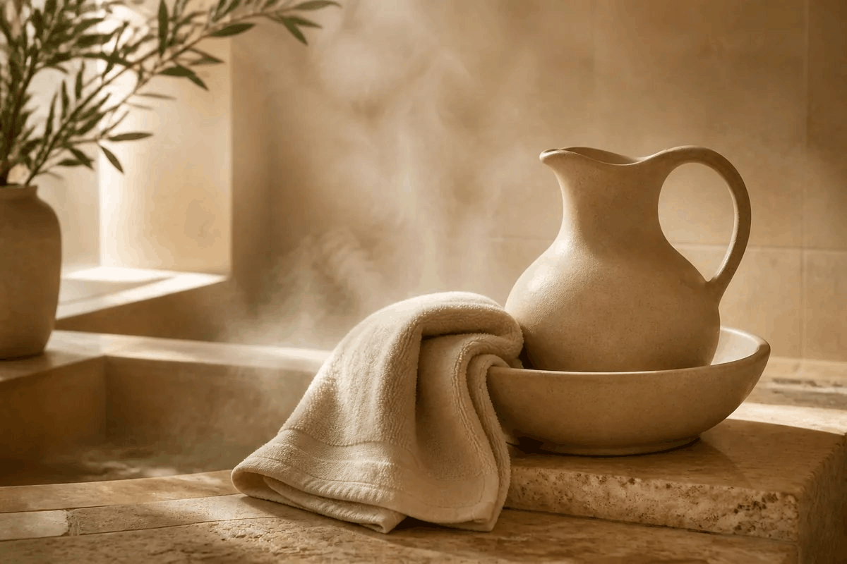 Smooth warm ceramic pitcher and bowl with folded towels on travertine stone in a calm spa setting