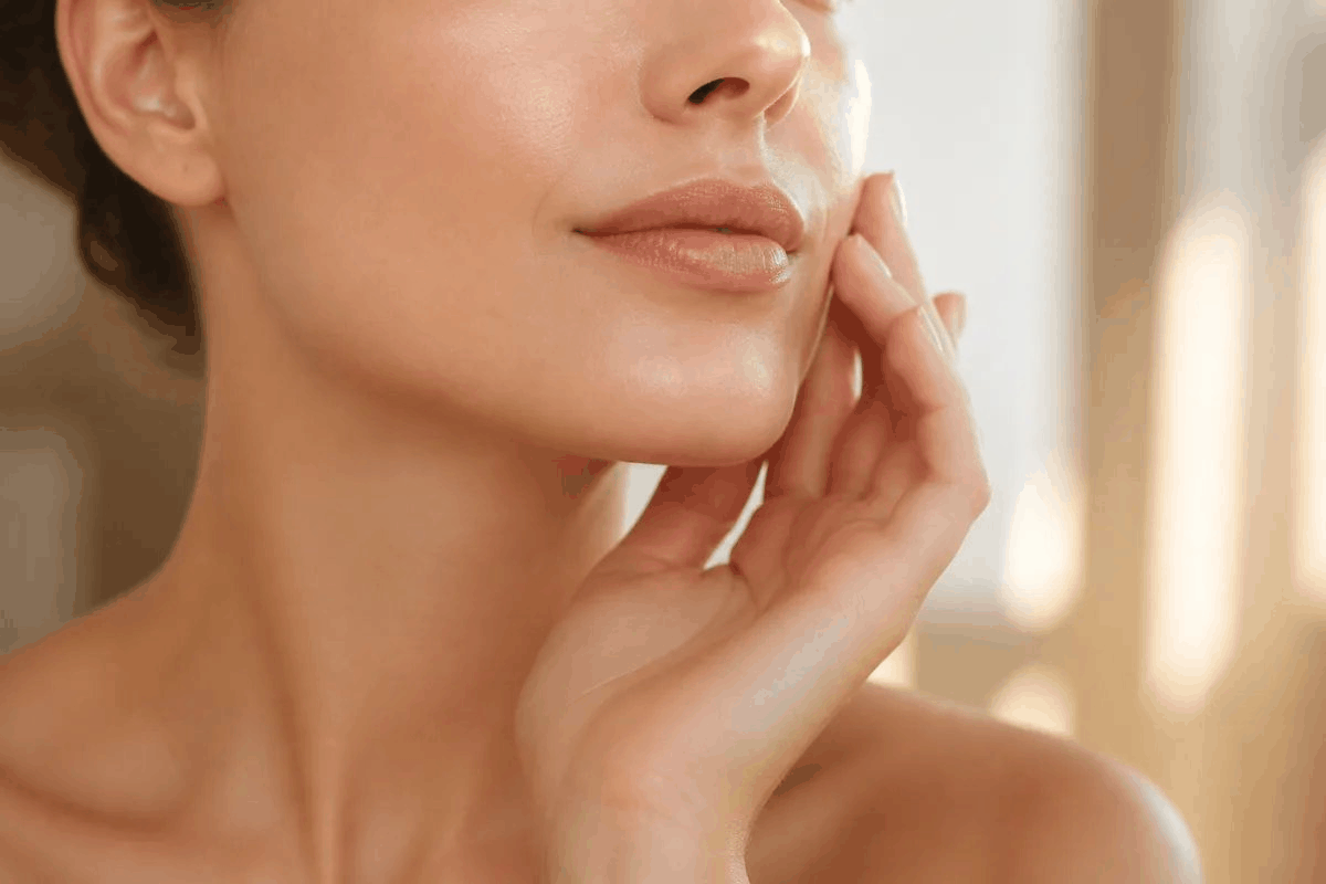 Close-up of a woman's smooth lower face and jawline with soft, bare skin after upper lip and chin laser hair removal