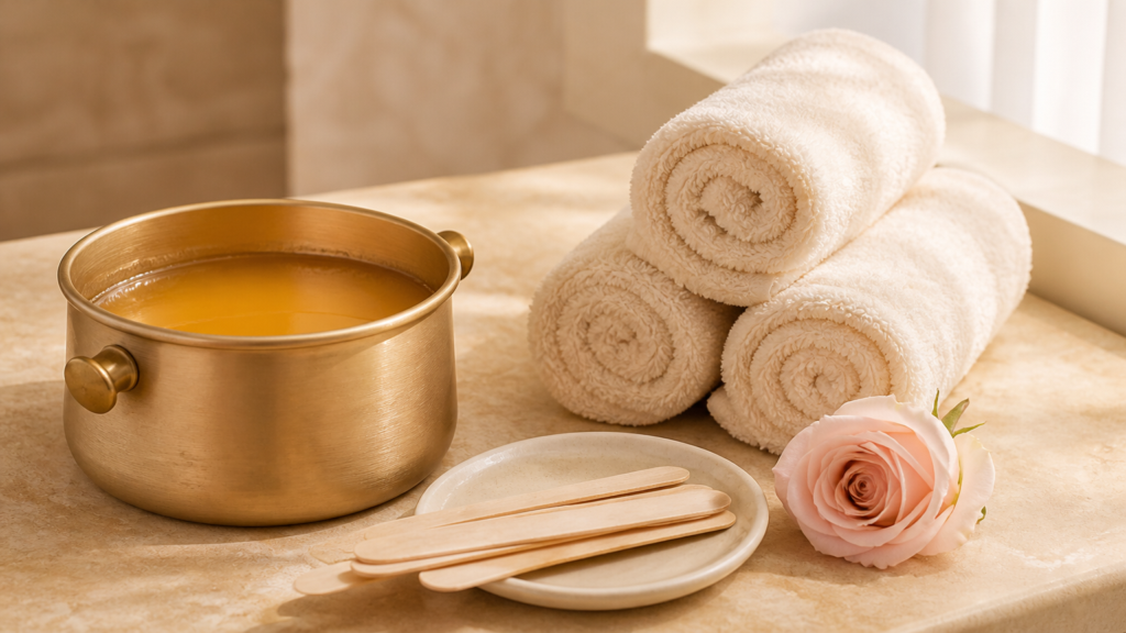 Wax pot with smooth golden wax, rolled cream towels, and a pale pink rose on a warm beige spa counter