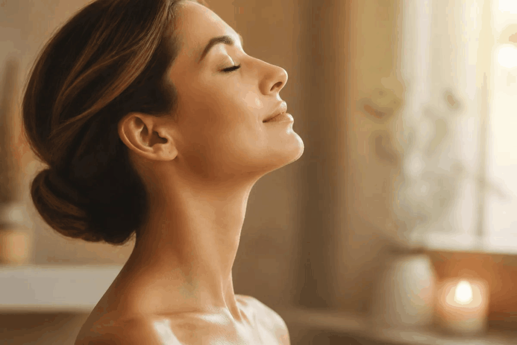 Elegant side profile of a woman's neck and jawline with smooth, bare skin after a signature brow shaping session