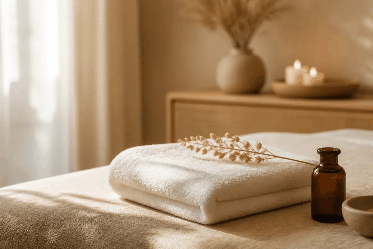 Woman resting on a plush spa bed during a signature lash and brow treatment session in a serene treatment room